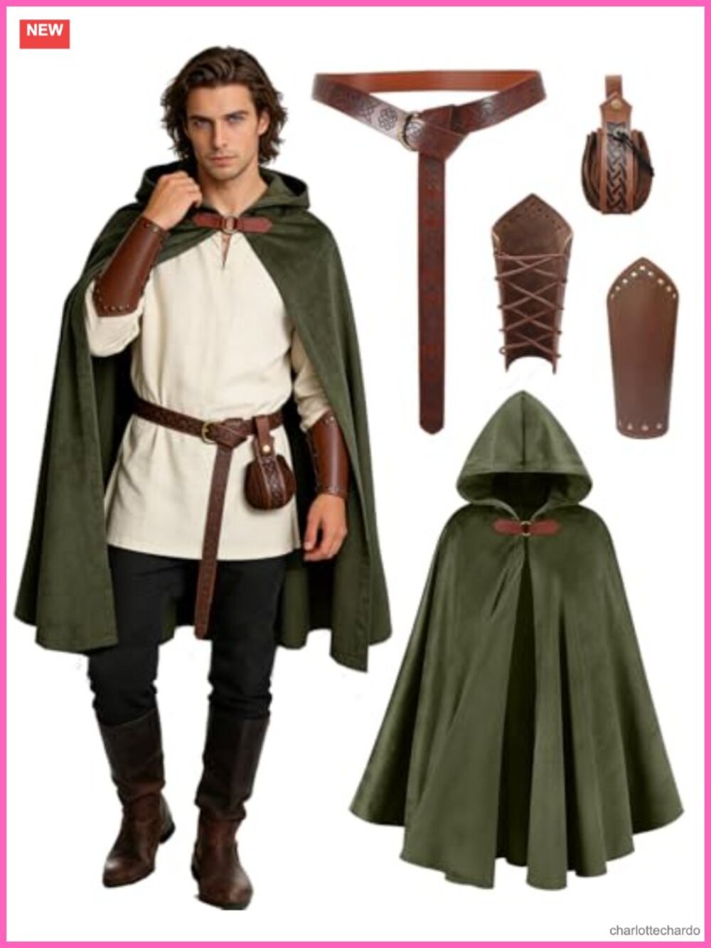 Renaissance Hooded Cloak Medieval Costume Accessories Belt Pouch Bracers